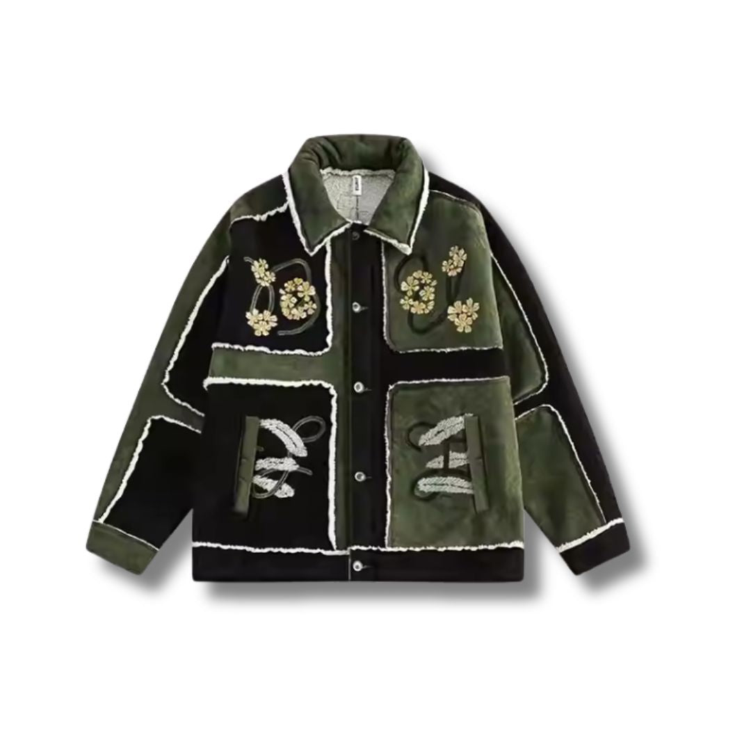 Grüne Patchwork Jacke mit Stickerei & Teddyfutter
