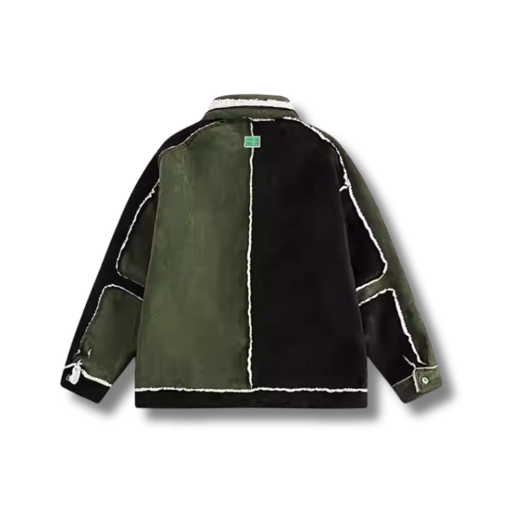 Grüne Patchwork Jacke mit Stickerei & Teddyfutter