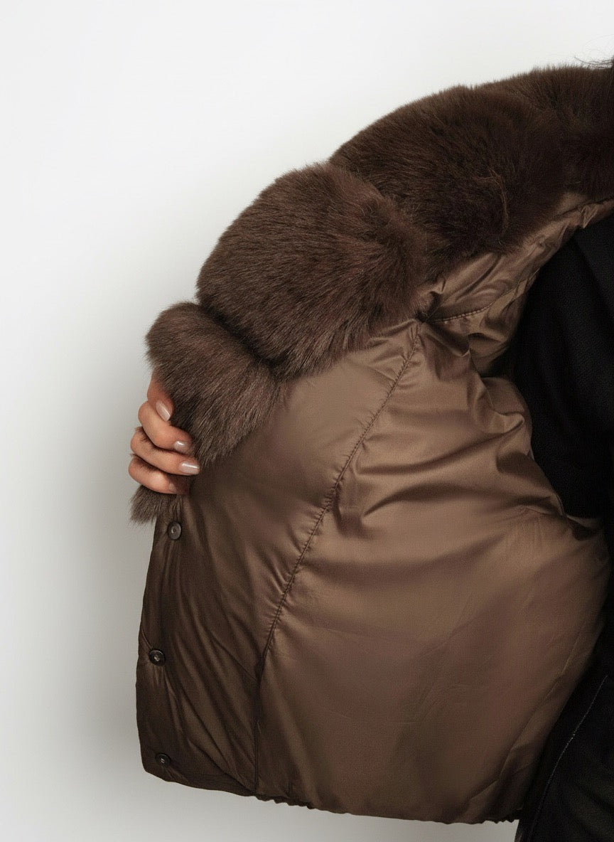 Damen Steppjacke Kaffeebraun mit üppigem Kunstfellkragen