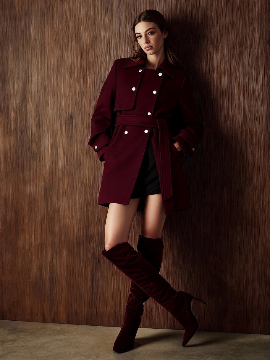 Elara Bordeaux – Woll-Trenchcoat mit Gürtel