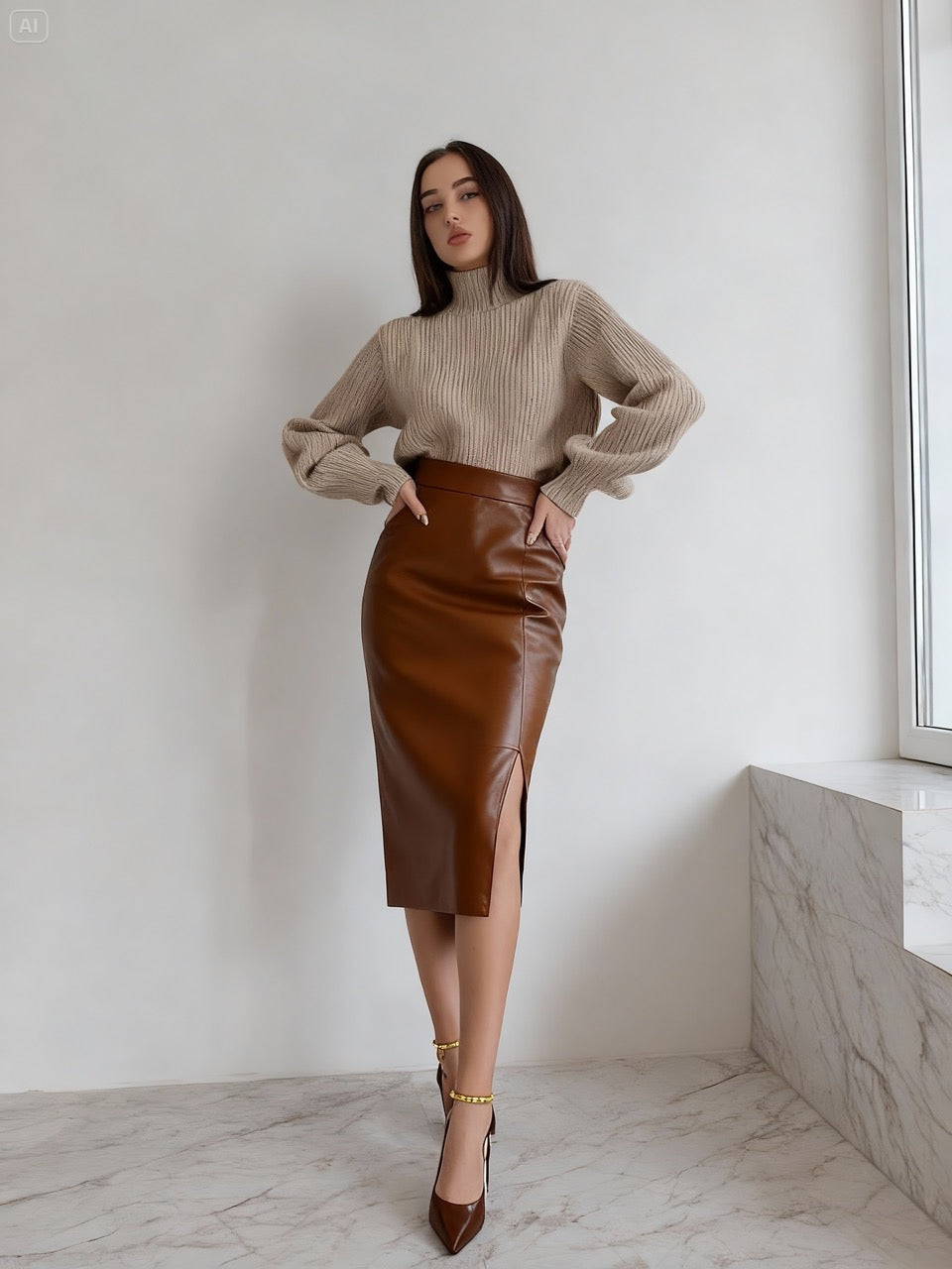 Aria Braun – Kunstleder Bleistiftrock
