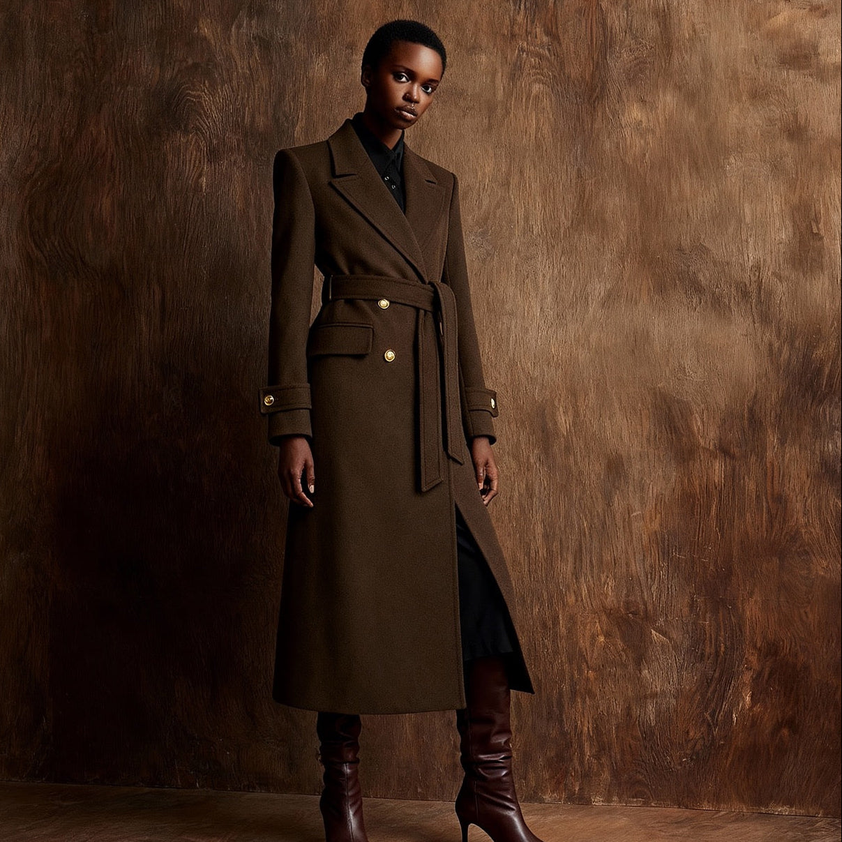 Elara Kastanie – Langer Wollmantel mit goldenen Knöpfen