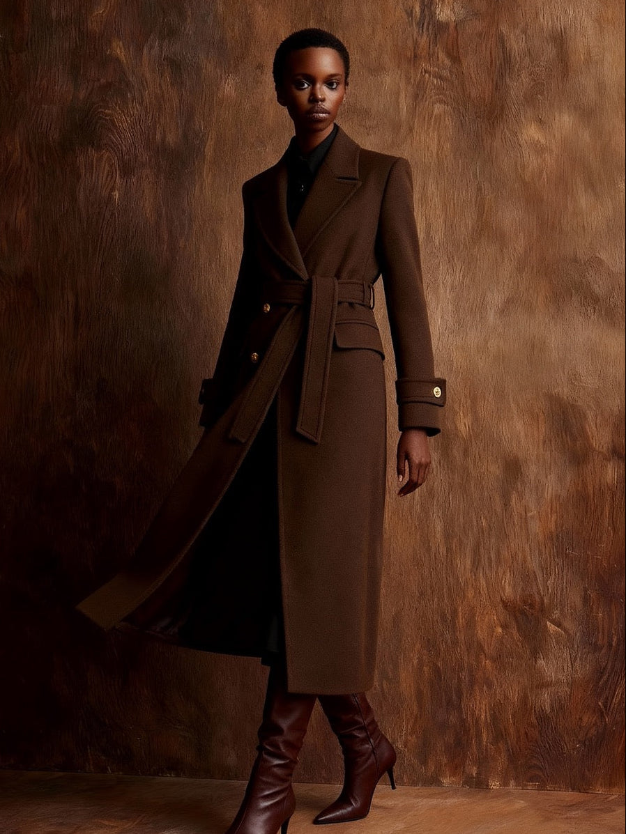 Elara Kastanie – Langer Wollmantel mit goldenen Knöpfen