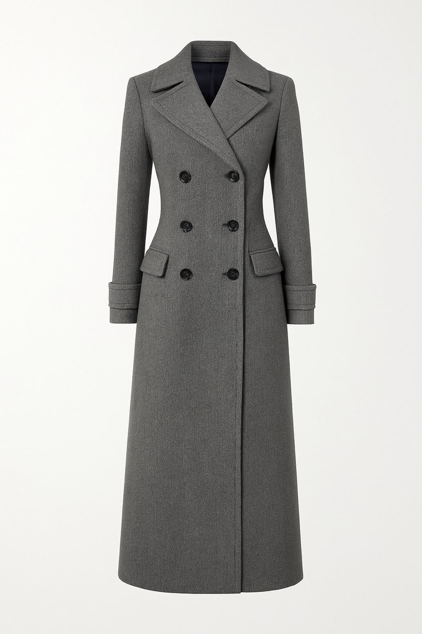 Elara Grau – Wollmantel mit Fischgrätenmuster