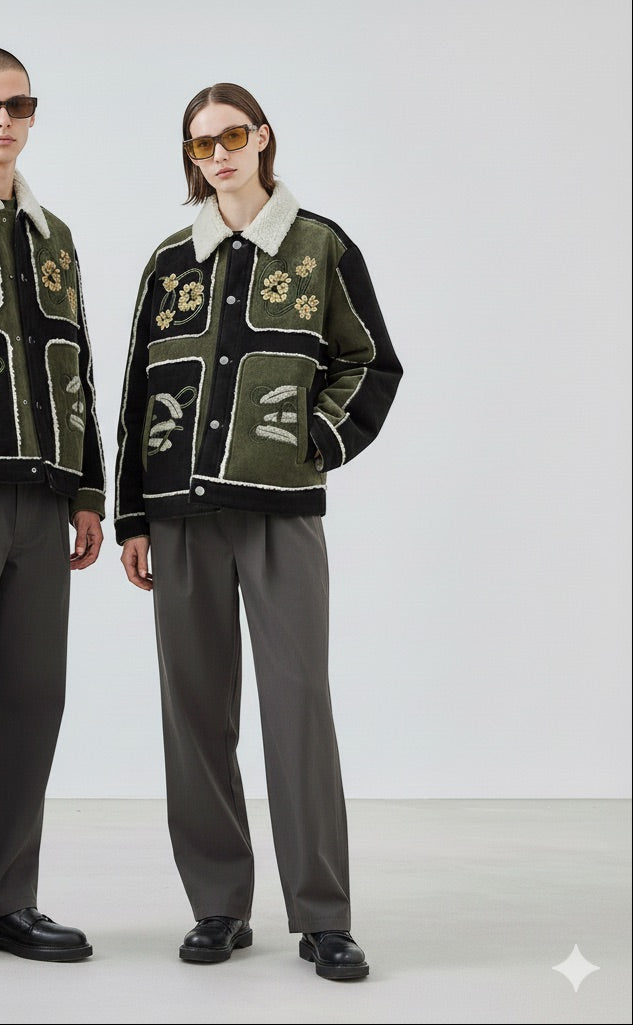 Grüne Patchwork Jacke mit Stickerei & Teddyfutter