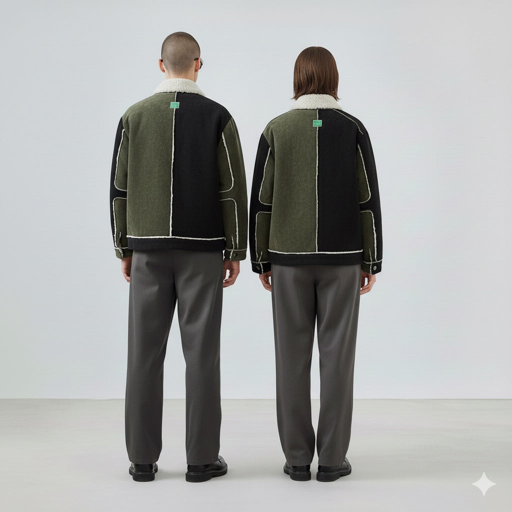 Grüne Patchwork Jacke mit Stickerei & Teddyfutter