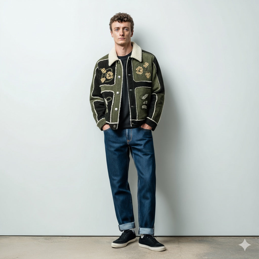 Grüne Patchwork Jacke mit Stickerei & Teddyfutter