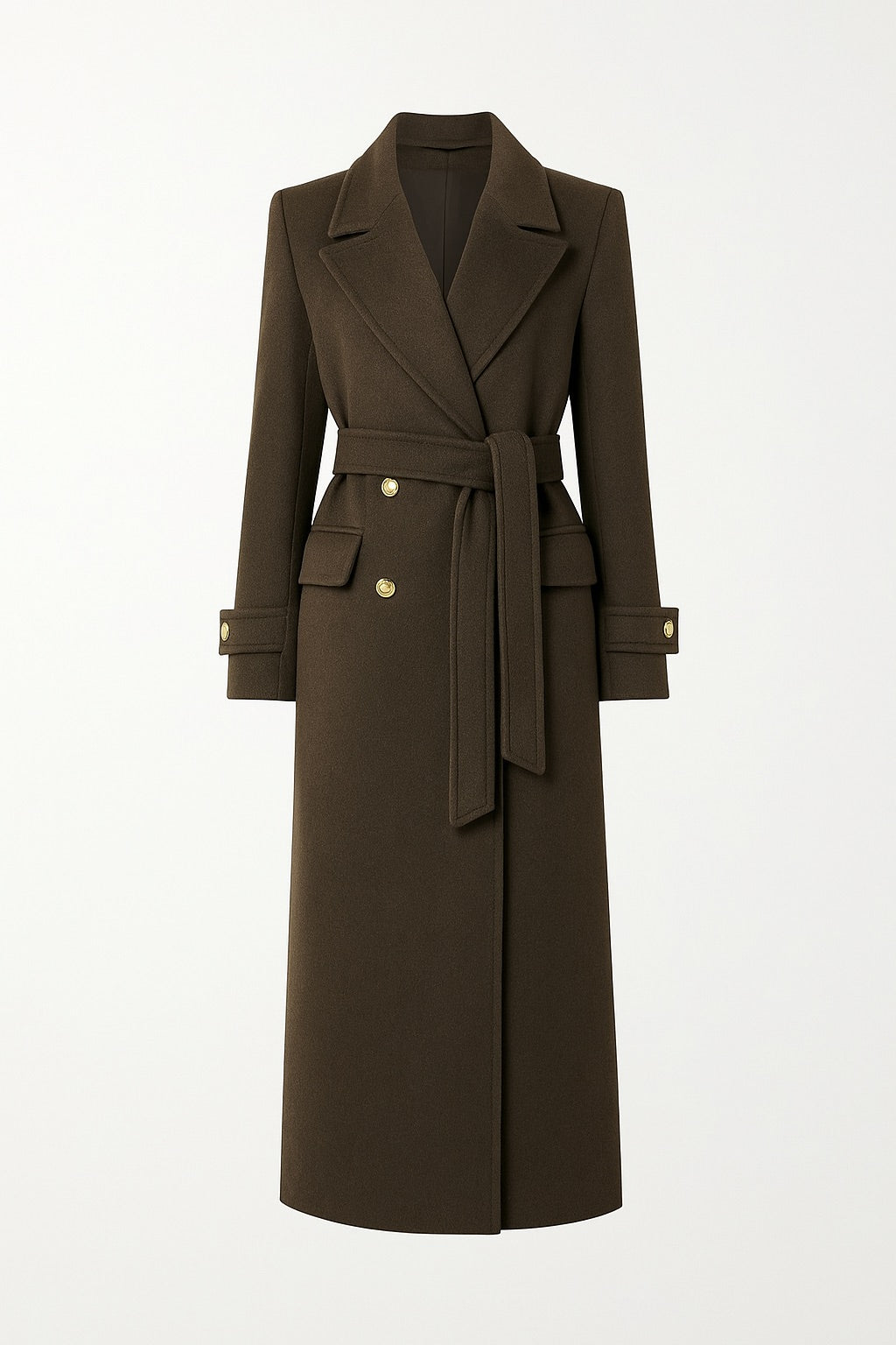 Elara Kastanie – Langer Wollmantel mit goldenen Knöpfen