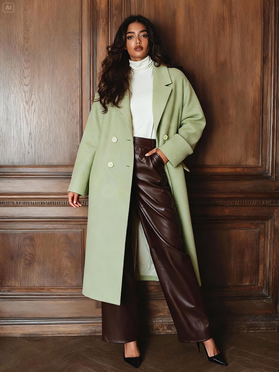 Elara Salbei – Wollmantel mit Doppelknopfleiste