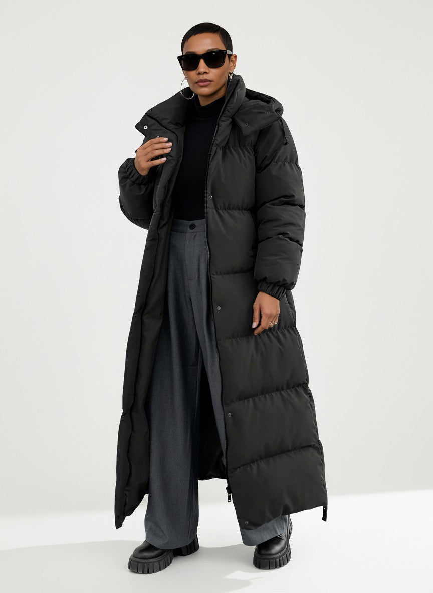 Damen Winter Steppmantel mit Kapuze – Lang, Warm &amp; Vielseitig