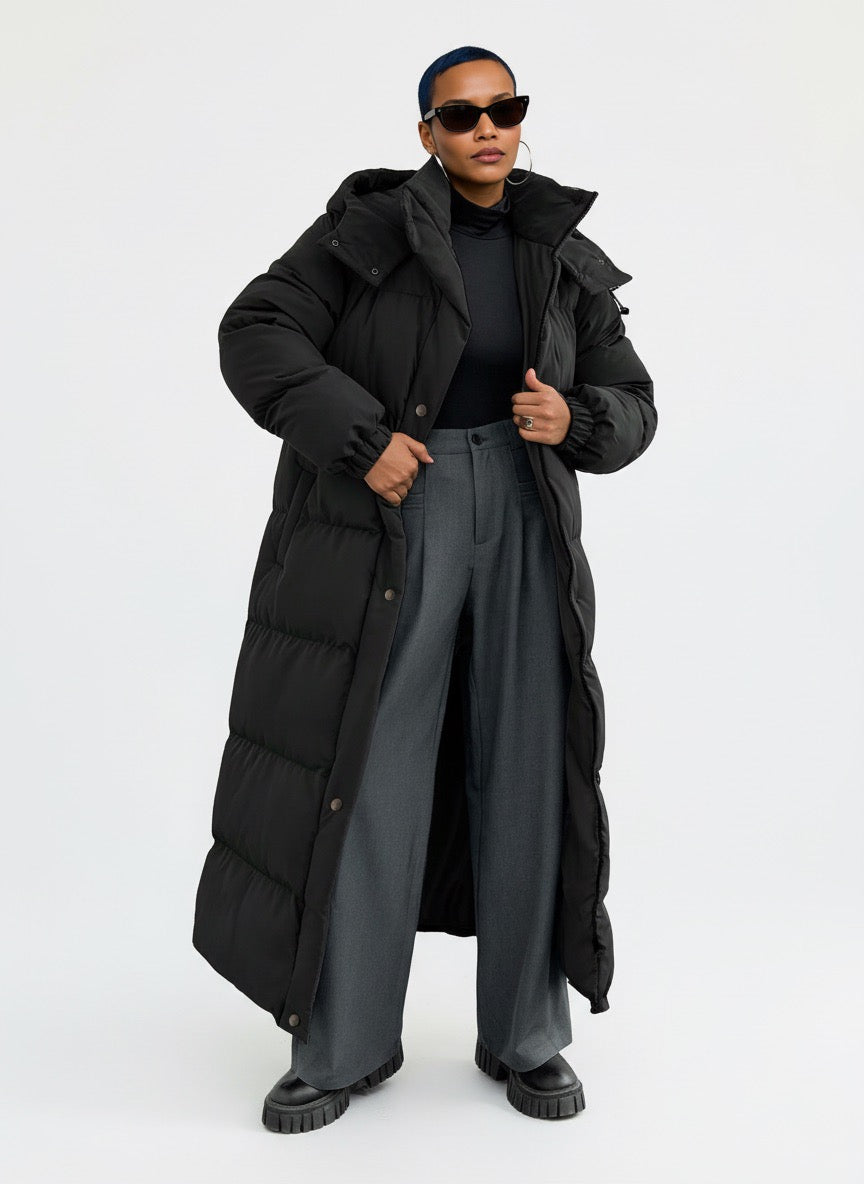 Damen Winter Steppmantel mit Kapuze – Lang, Warm &amp; Vielseitig